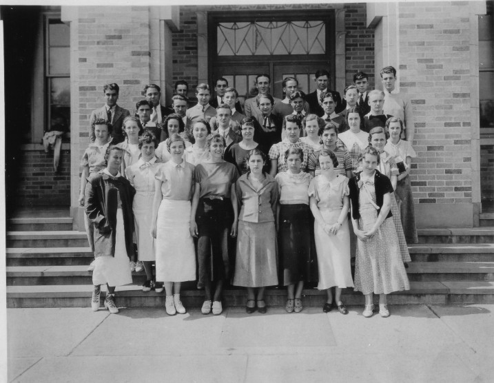 Class of 1934 posing in front of Jamesburg High School